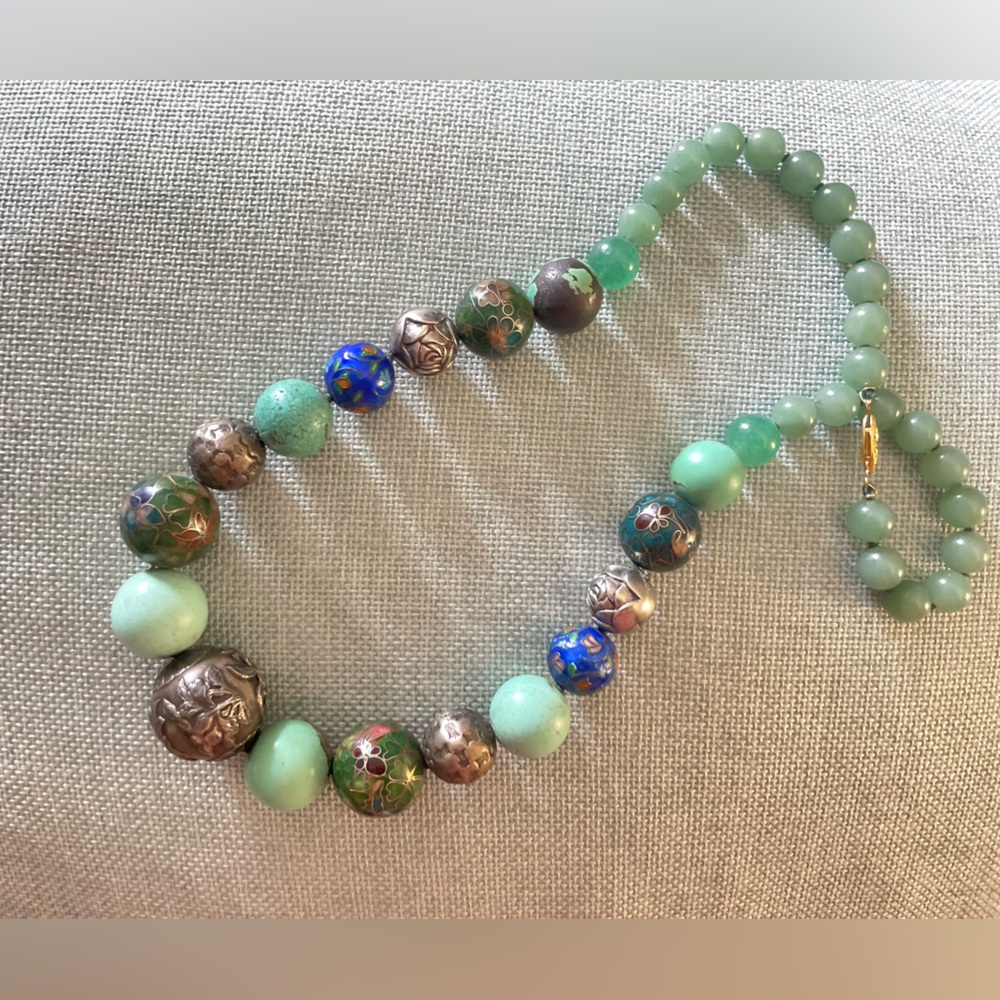 Vintage Chinese Turquoise, jade, and cloisonné Necklace with sliver beads.